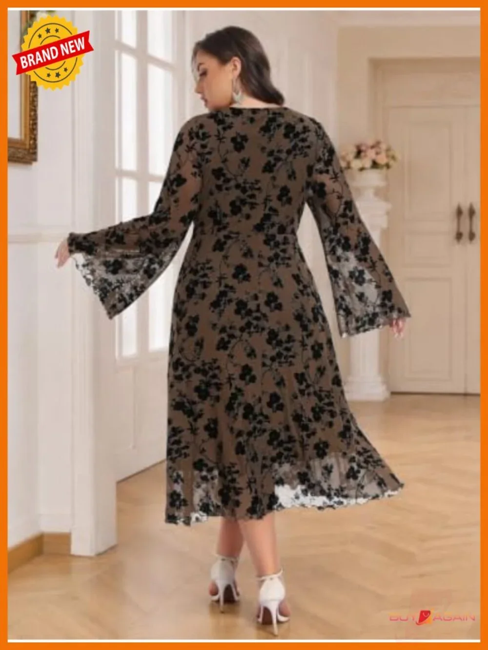 Plus Size Midi Floral Dress Long Sleeve A-Line V-Neck Formal
